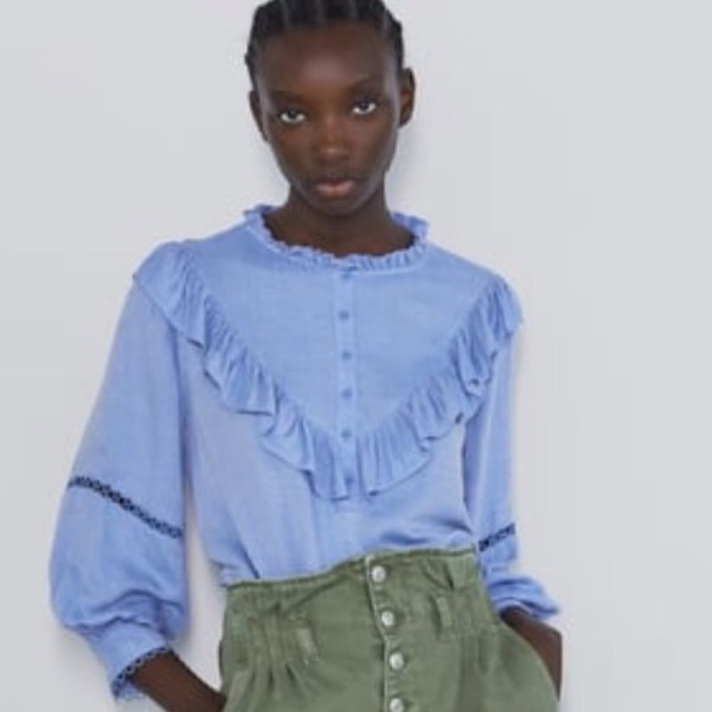 NWOT ZARA RUFFLED BLOUSE TOP SKY‎ BLUE SZ XS